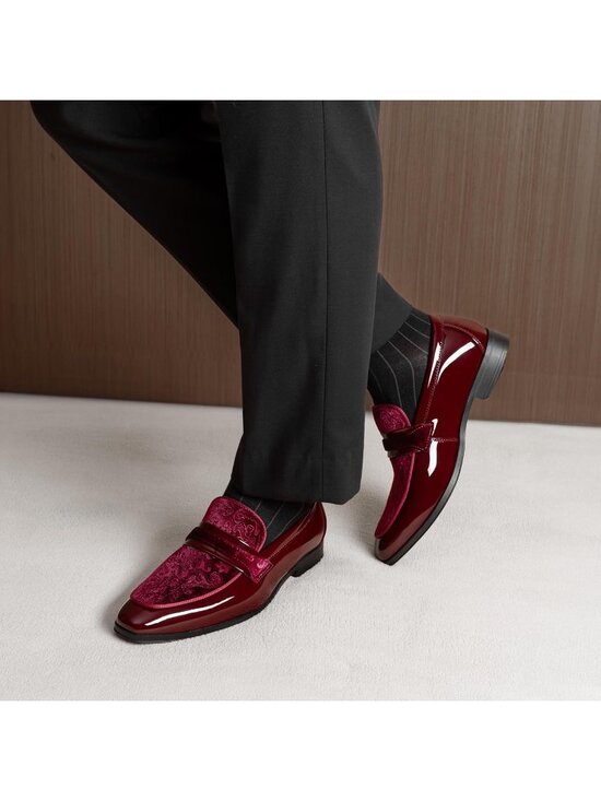 Men\'s Burgundy Tuxedo Patent Loafers Classic Velvet Slip-on Dress Shoes main image 4